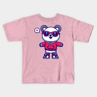 Cute Panda Wearing Hoodie And Glasses Cartoon Kids T-Shirt